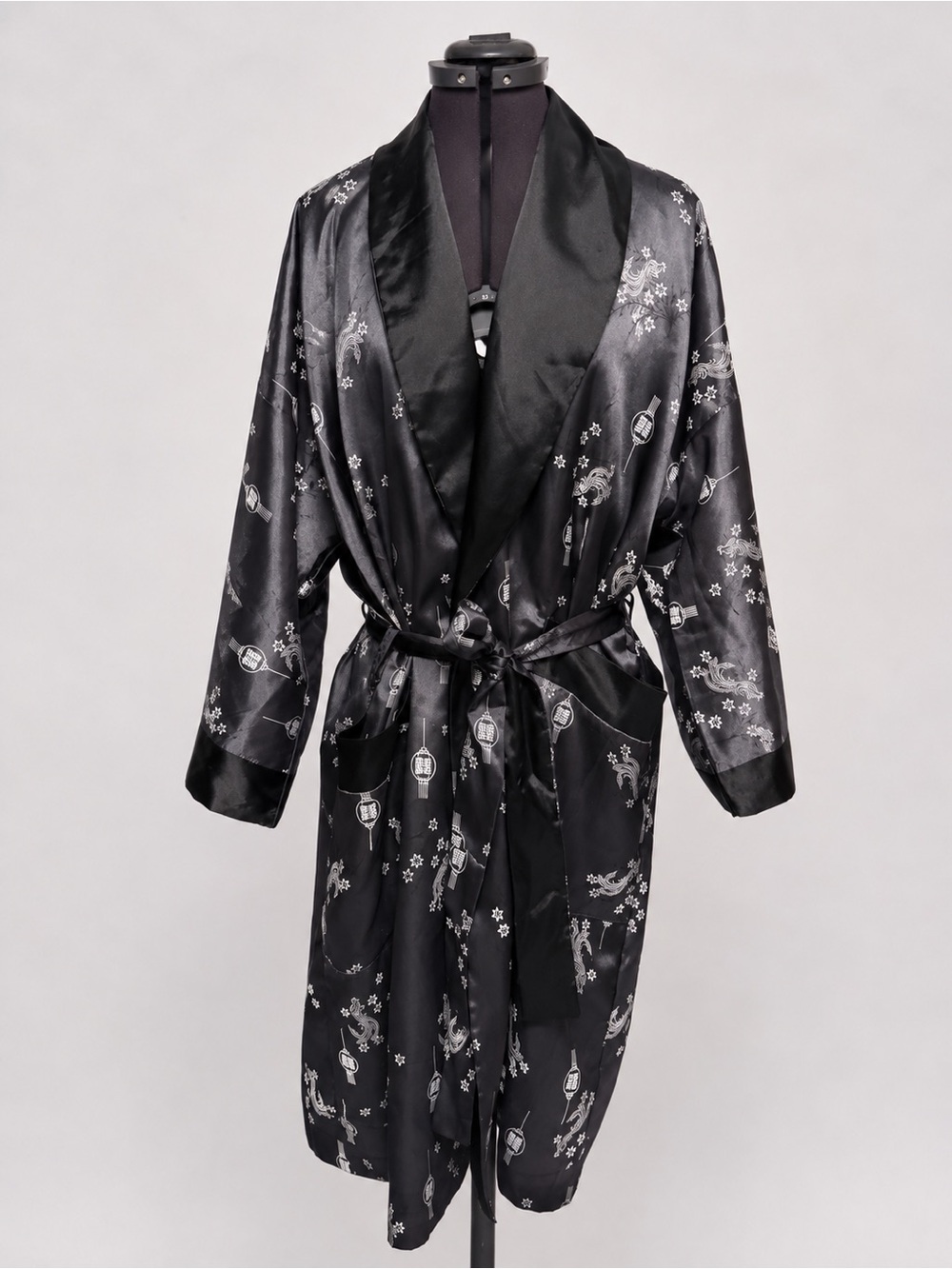 Floral Dragon Kimono Reversible Robe Embroidered Black Satin Asian Belted - Picture 7 of 10